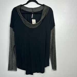 Free People Relaxed Fit Black Top With Metallic Sleeves And Neck Size M